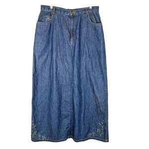 Vintage Denim Maxi Skirt Sz 14 L Embroidered Florals Modest Prairie Liz Claiborn